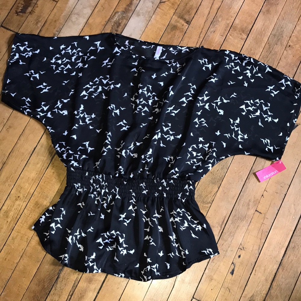 Xhilaration Black Blouse with White Bird Print